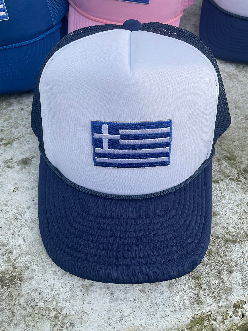 Greek Flag Decky Trucker Hat (Two Adjustable Straps)