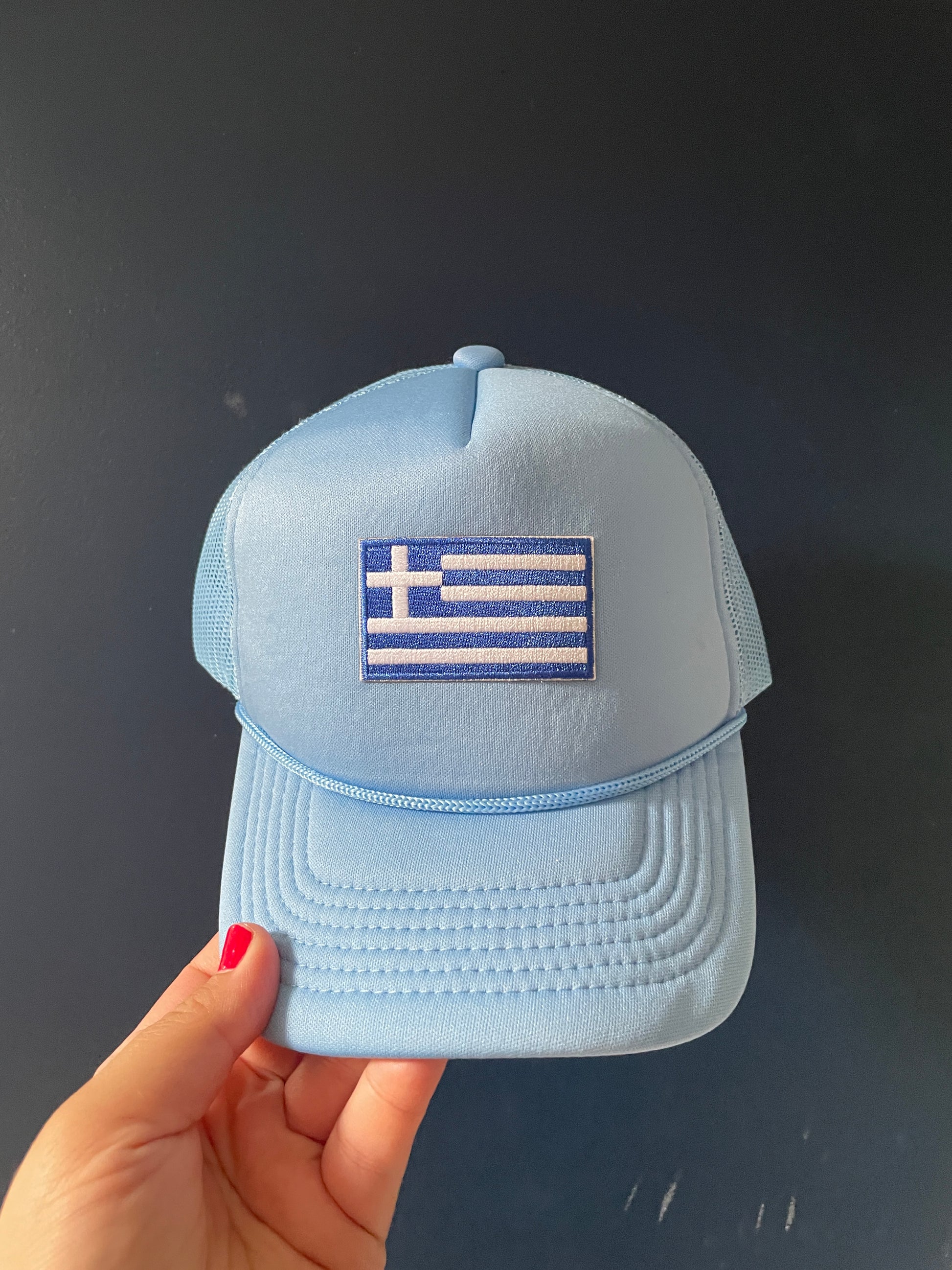 Greek Flag Decky Trucker Hat (Two Adjustable Straps)