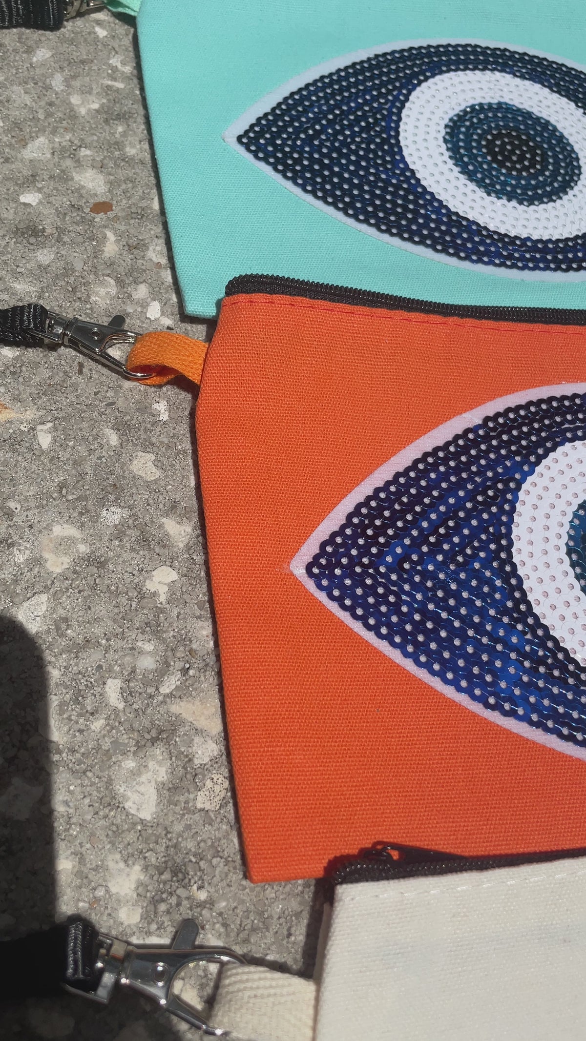 Canvas Makeup Bag w/ Evil Eye Sequin Patch - Various Colors
